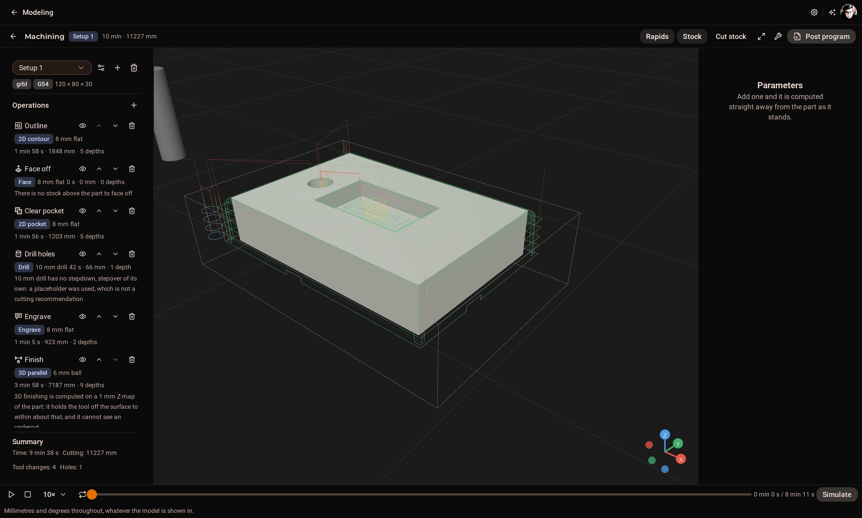 The CAM workspace with a setup, toolpaths over the part and the posted G-code.