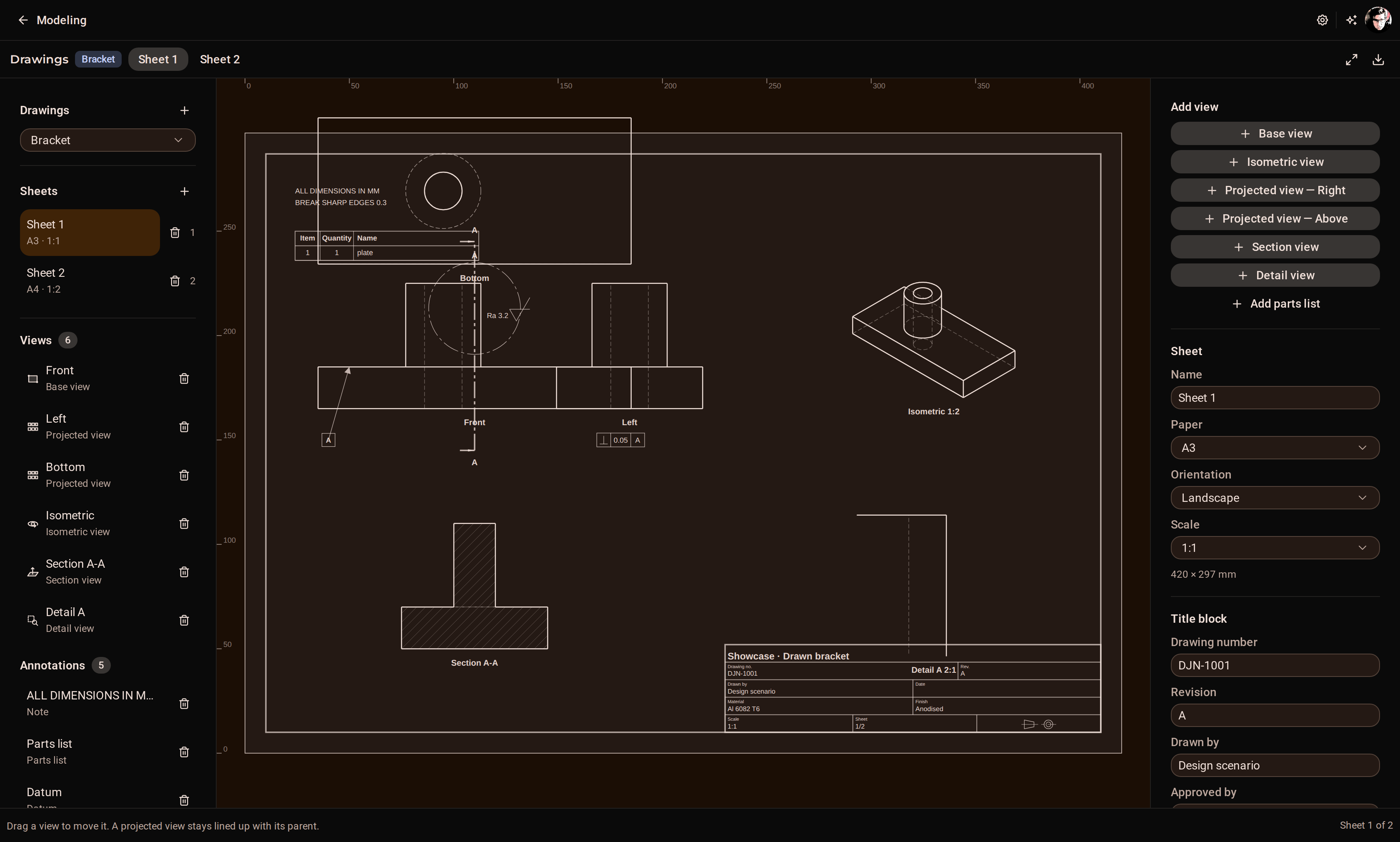 A drawing sheet with a base view, a projected view, a hatched section and dimensions.