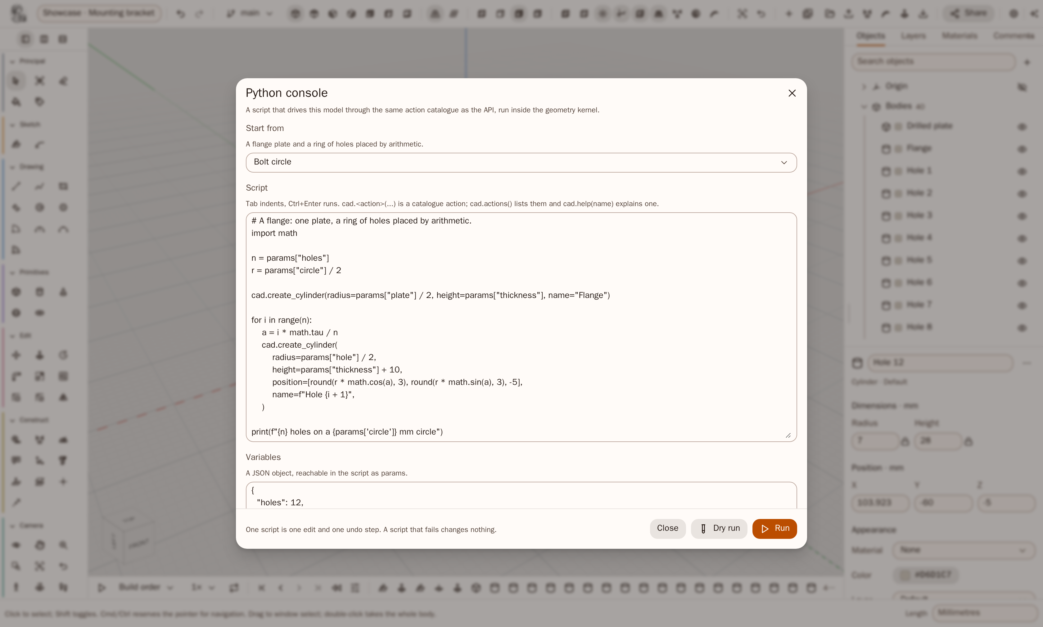 Die Python-Konsole im Arbeitsbereich, mit einem Skript, seiner Ausgabe und den angewendeten Aktionen.