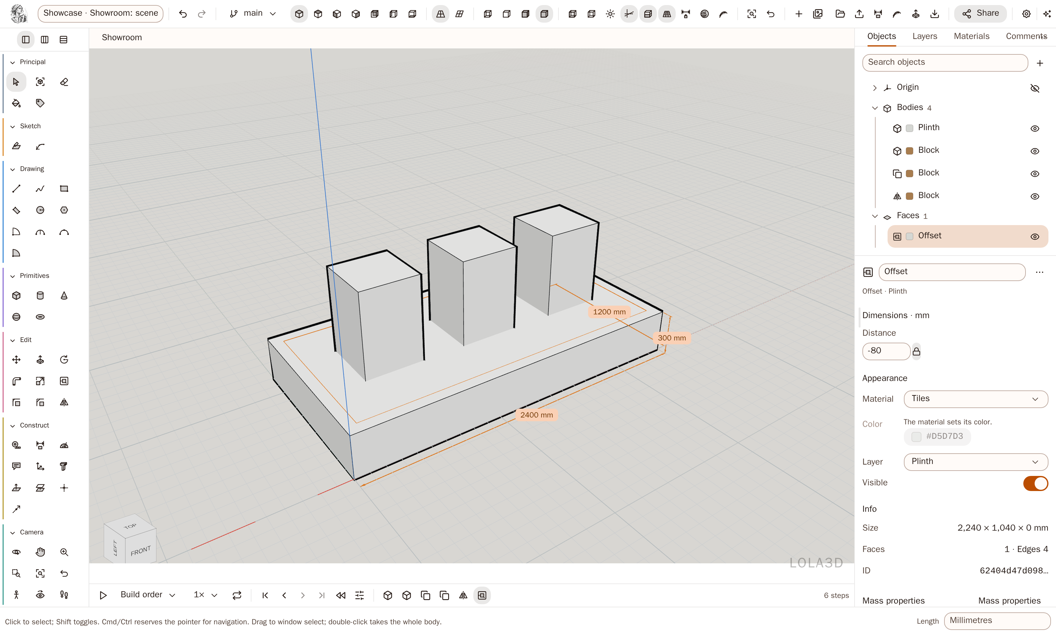 Der Modellierbereich von Lola3d: links die Werkzeugleiste, die 3D-Ansicht, rechts der Browser und der Objektinspektor, unten der parametrische Verlauf.