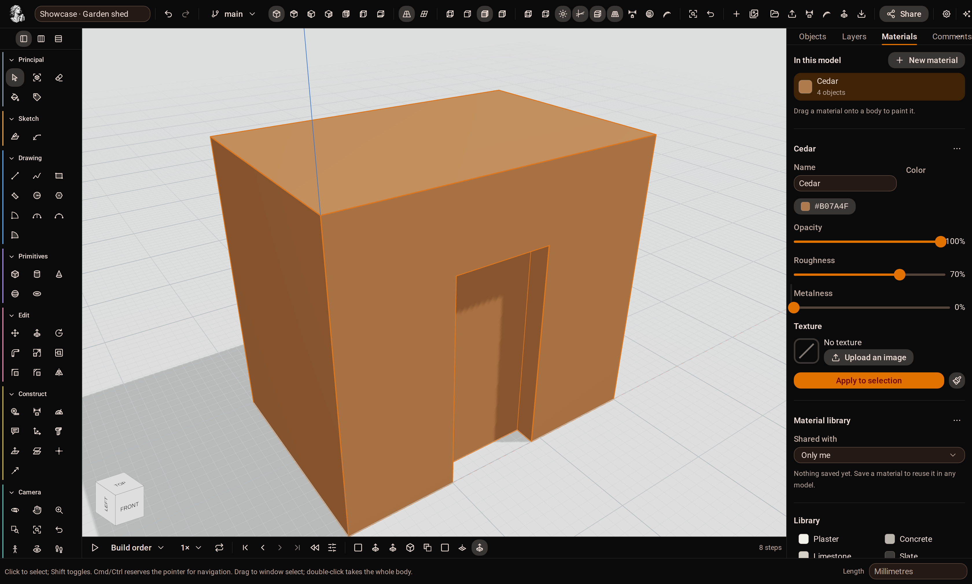 The Materials panel beside a textured model in the viewport.