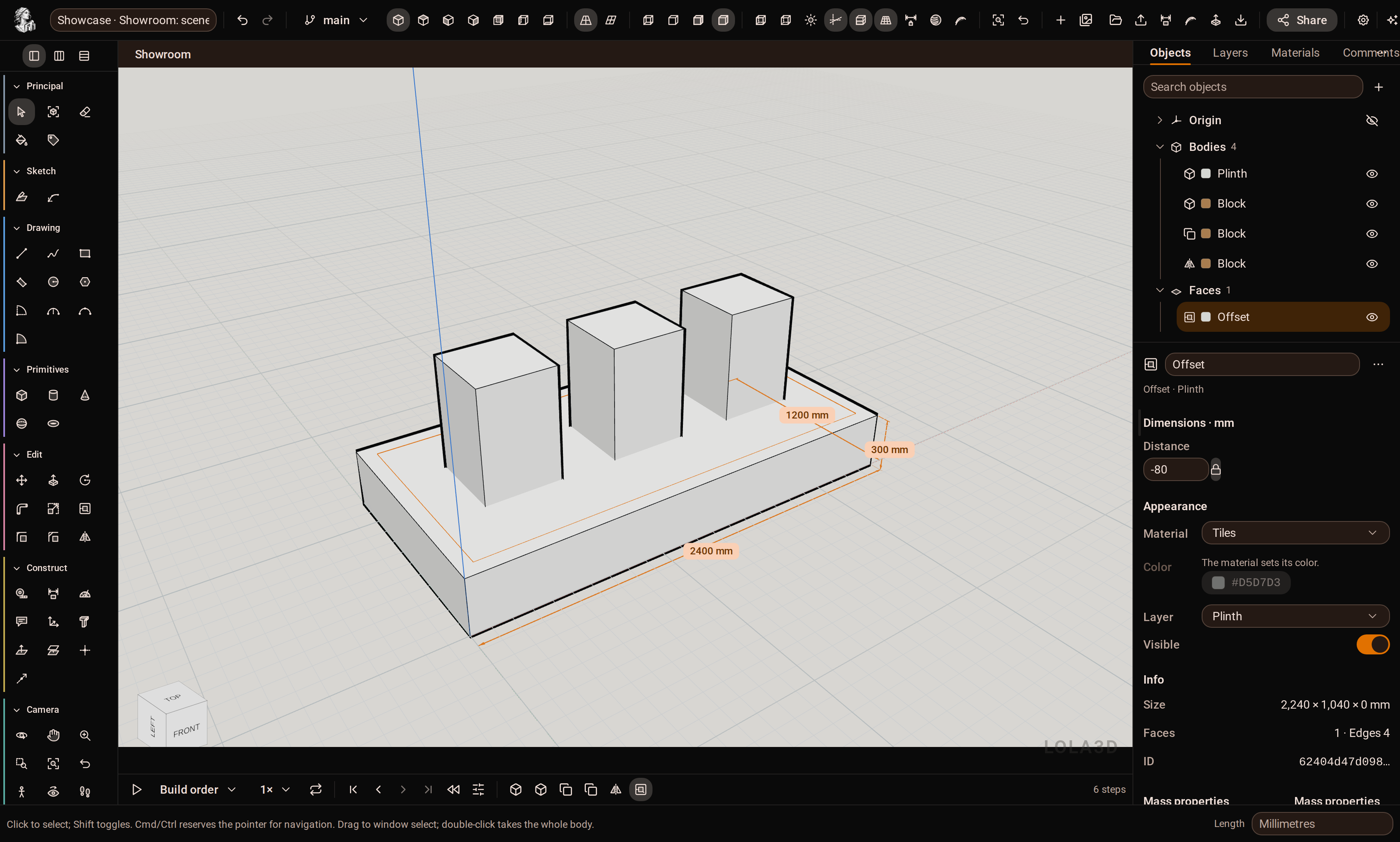 The Lola3d modeling workspace: tool rail on the left, 3D viewport, the browser and entity inspector on the right, and the parametric timeline below.